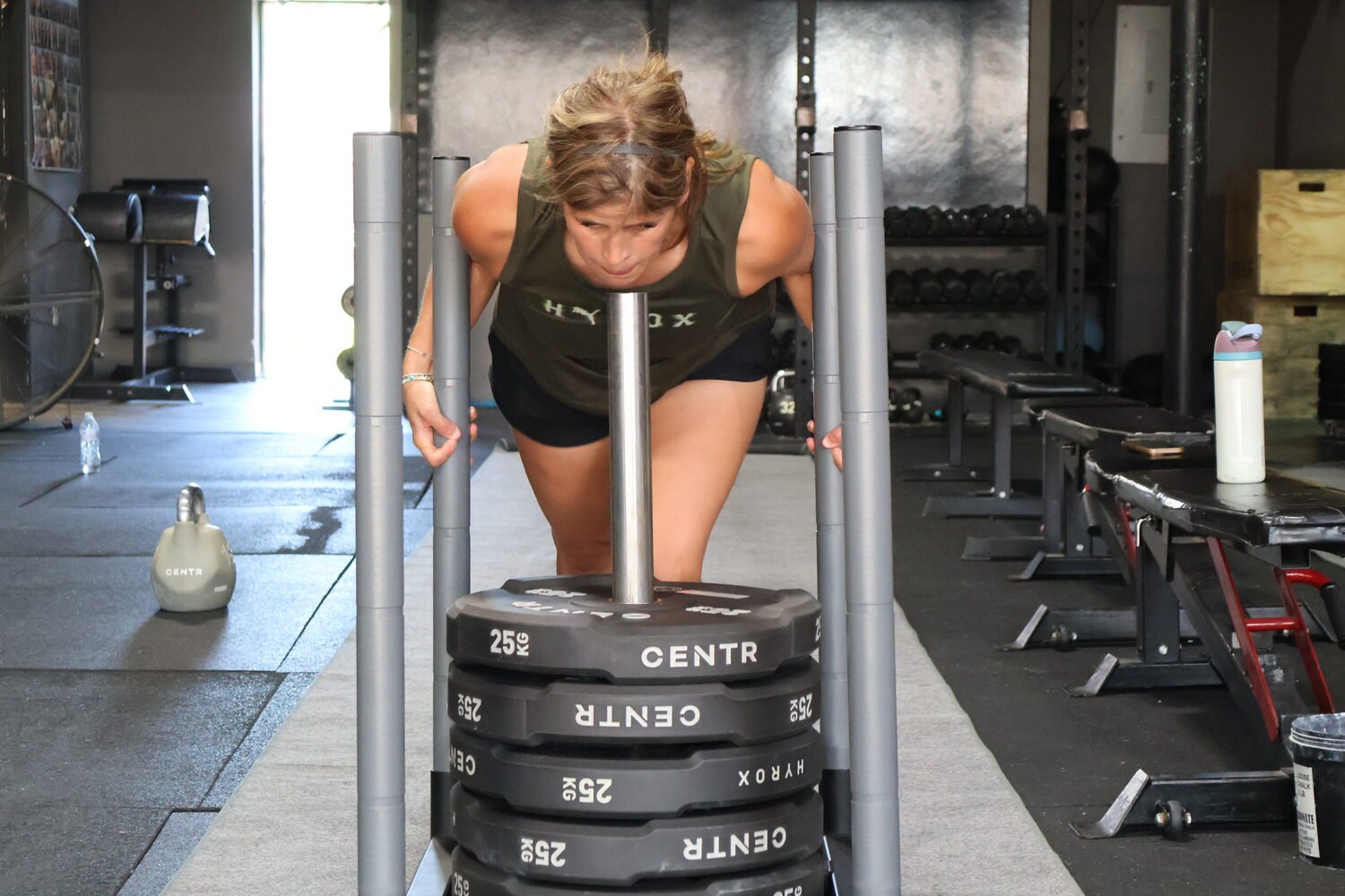 Lindsay on sandbag lunges