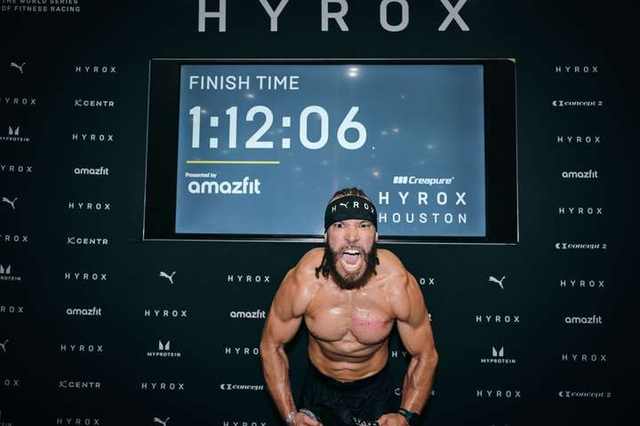 FTX athlete celebrating a 1:12:06 finish at HYROX Houston